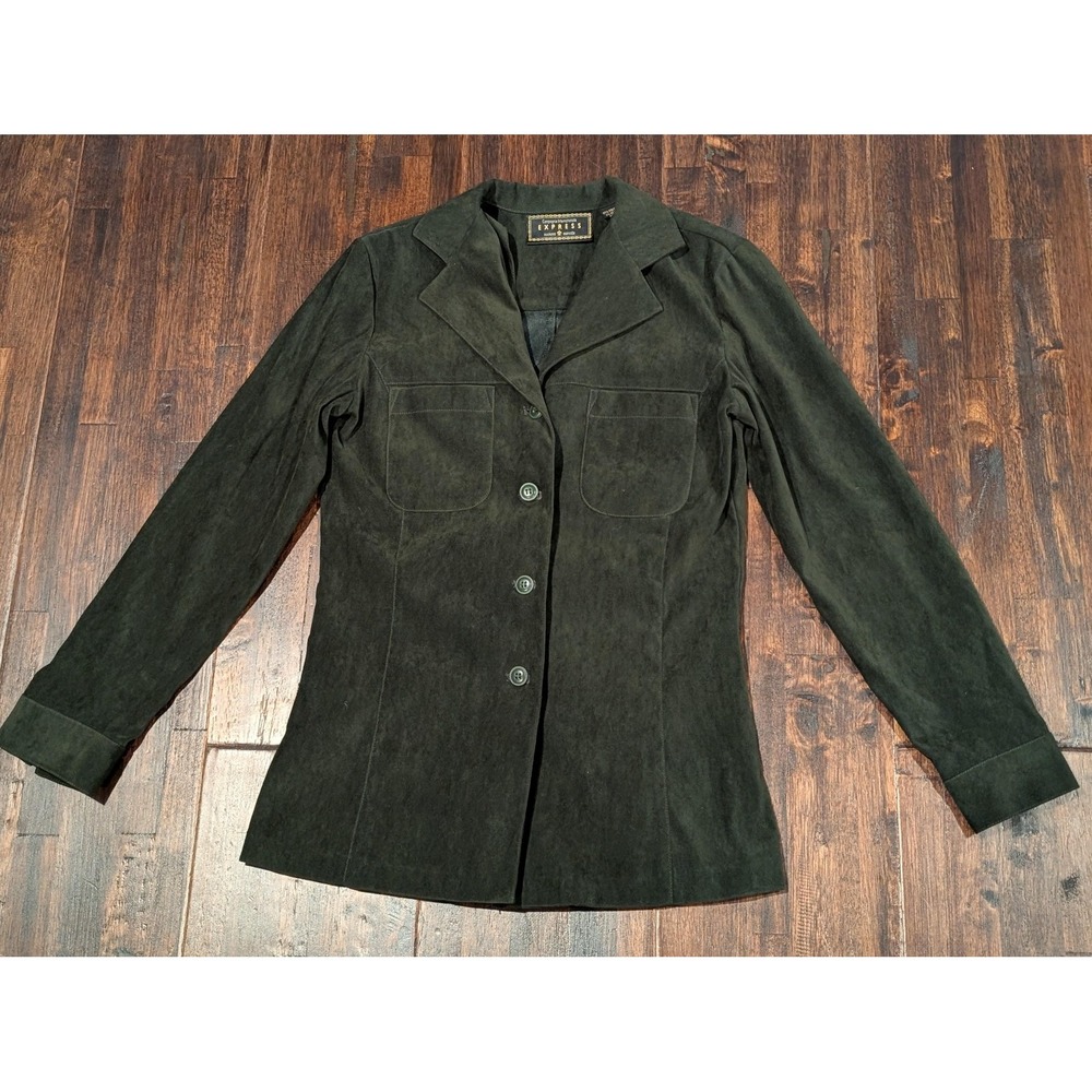 Vintage Express Blazer Womens XS Olive Green Faux‎ Suede Jacket Buttons Notched